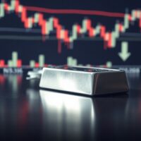 Silver bar on reflective surface with financial charts in background