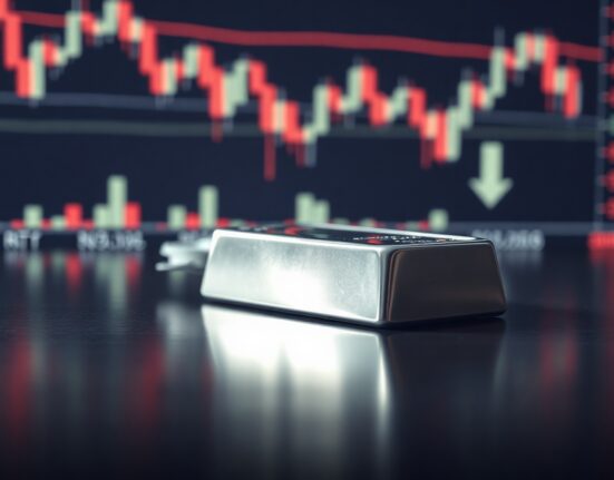 Silver bar on reflective surface with financial charts in background