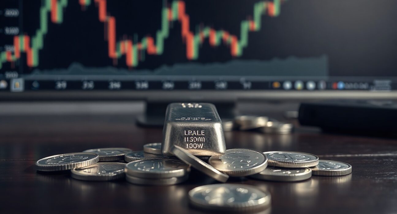 Silver bar and coins on a desk with a financial chart in the background showing a downward trend
