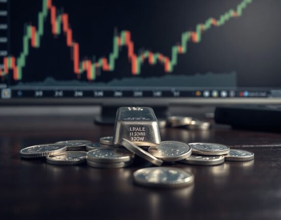 Silver bar and coins on a desk with a financial chart in the background showing a downward trend