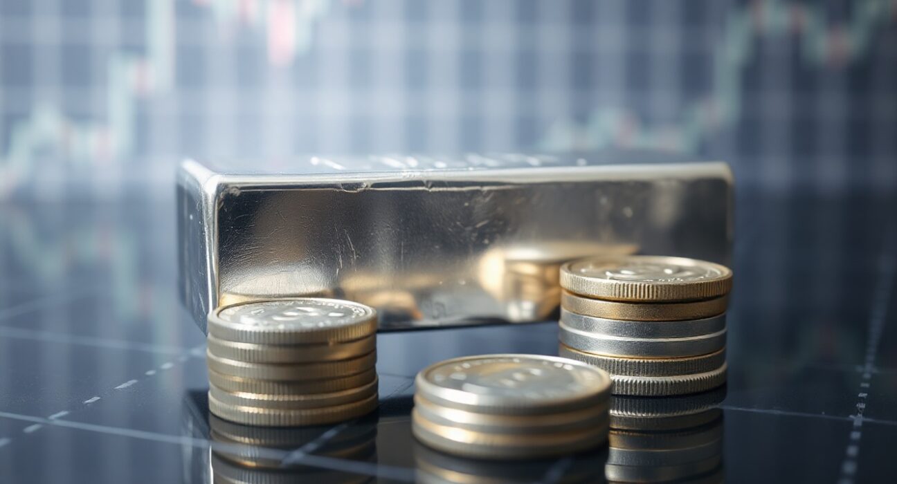 Silver bars and coins on a reflective surface with a soft financial chart pattern background, representing silver price analysis.