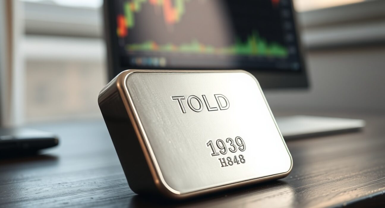 Silver bar on wooden surface with blurred financial chart in background