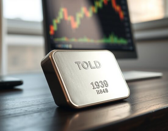 Silver bar on wooden surface with blurred financial chart in background