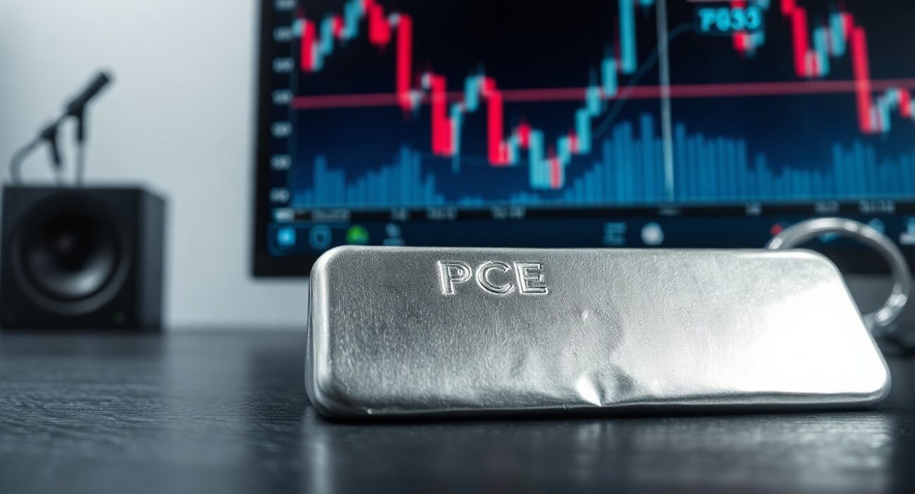Silver bar on desk with computer screen showing declining price chart and PCE data label