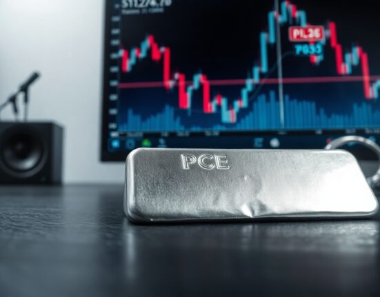 Silver bar on desk with computer screen showing declining price chart and PCE data label
