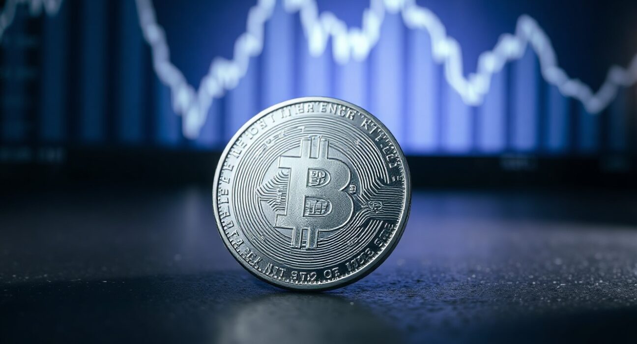 Silver bullion coin on dark surface with blurred bearish chart background