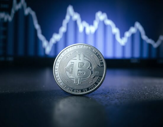 Silver bullion coin on dark surface with blurred bearish chart background