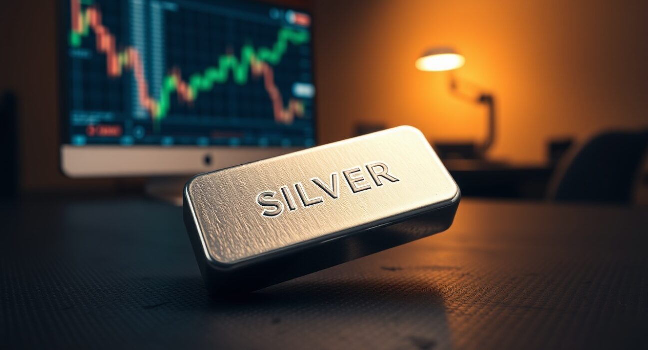 Silver bullion bar with financial chart background representing silver price rally above $80.