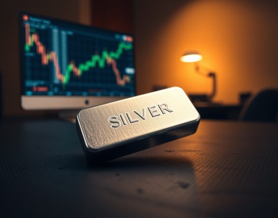 Silver bullion bar with financial chart background representing silver price rally above $80.