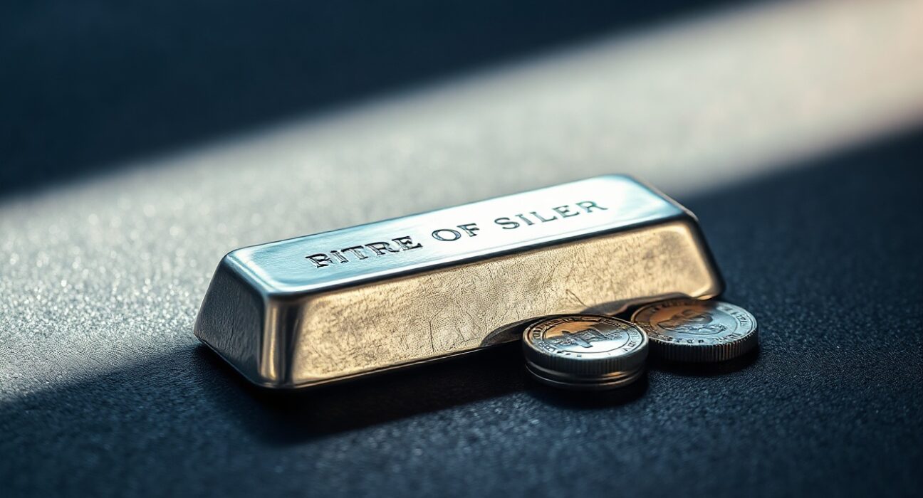 Silver bar and coins on dark surface representing precious metals market rally