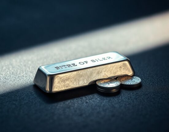 Silver bar and coins on dark surface representing precious metals market rally
