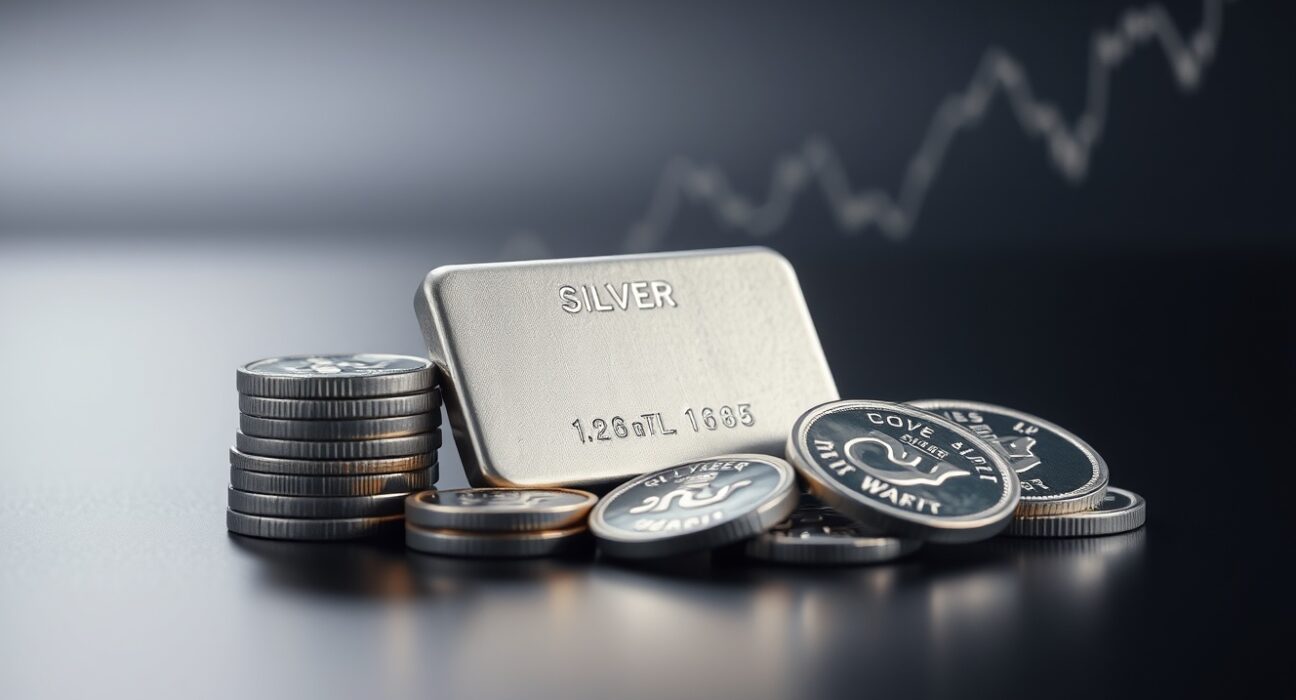 Silver bars and coins on a dark surface with a subtle chart overlay representing sideways price action