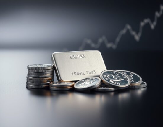 Silver bars and coins on a dark surface with a subtle chart overlay representing sideways price action