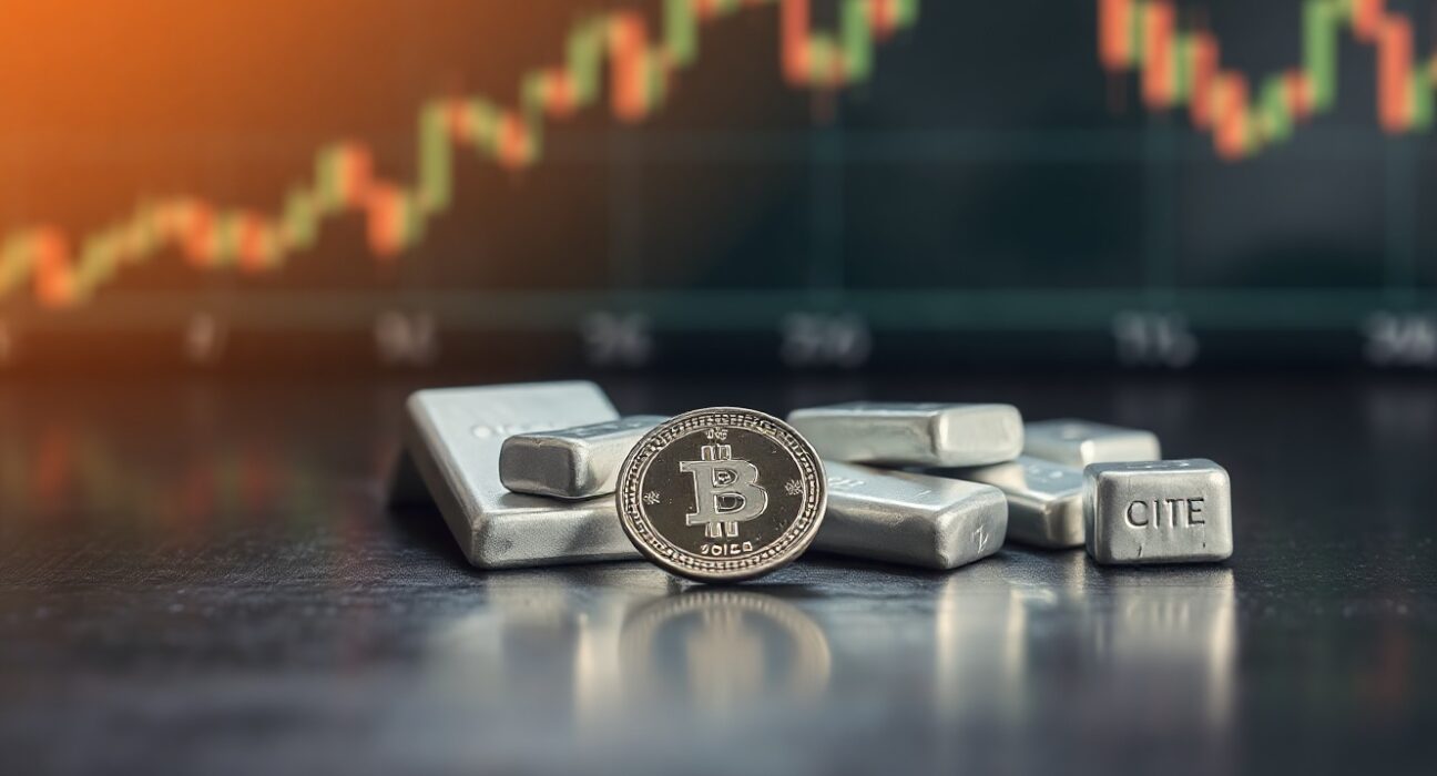 Silver bullion coins and bars on a dark surface with subtle market chart background