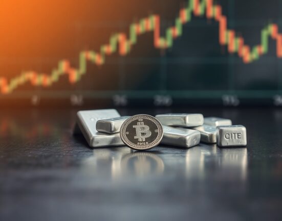 Silver bullion coins and bars on a dark surface with subtle market chart background
