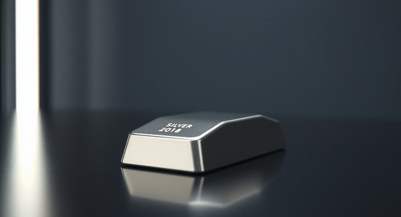 Close-up of a silver bar on a reflective surface with soft lighting, representing precious metals market movements.