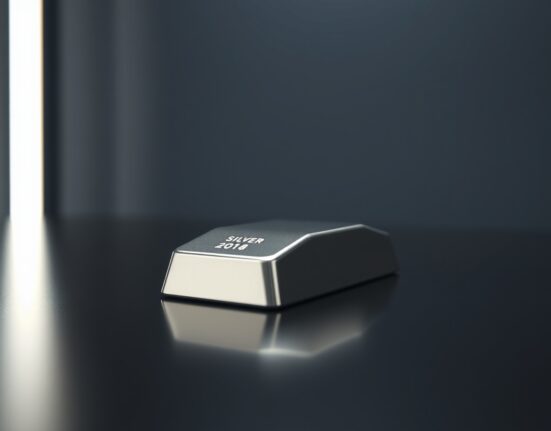 Close-up of a silver bar on a reflective surface with soft lighting, representing precious metals market movements.