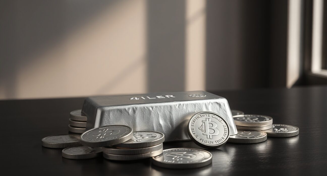 Silver bars and coins on a dark surface representing precious metals market and safe-haven demand.