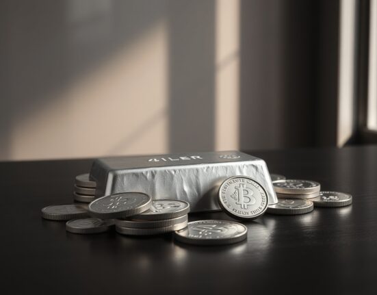 Silver bars and coins on a dark surface representing precious metals market and safe-haven demand.