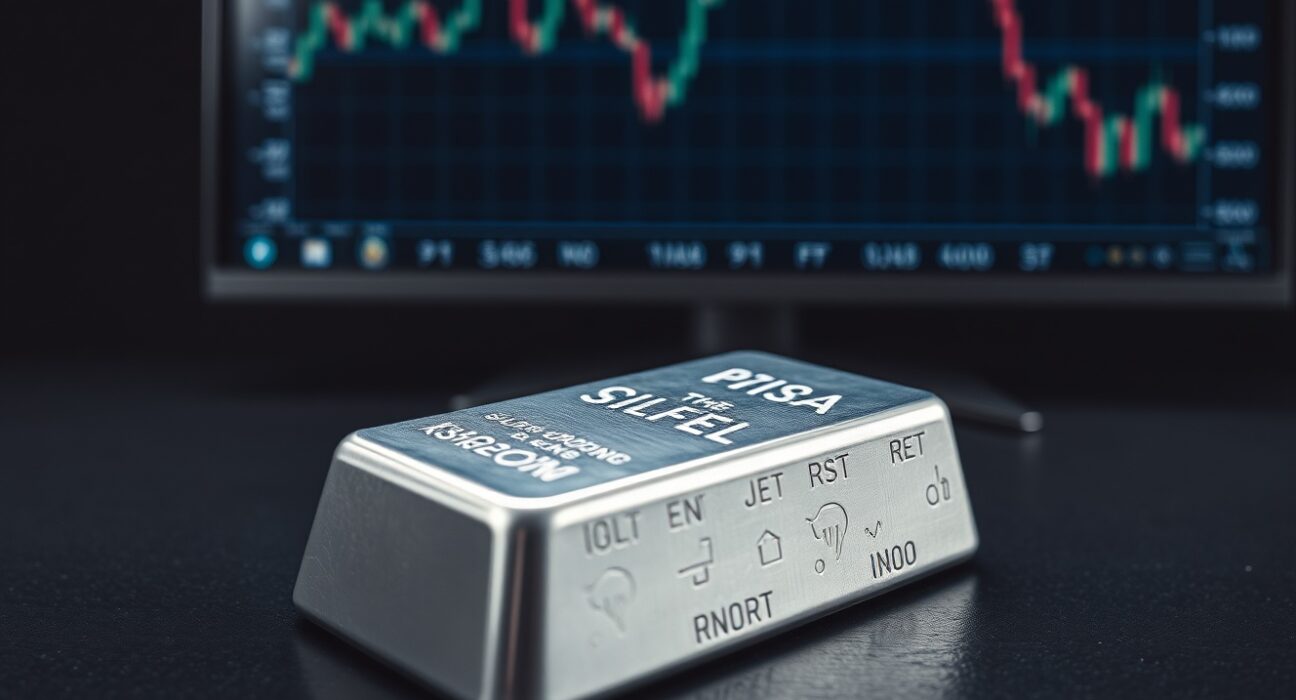 Silver bullion bar with financial chart illustrating falling silver price amid market volatility.