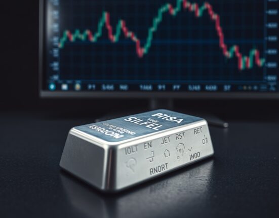 Silver bullion bar with financial chart illustrating falling silver price amid market volatility.