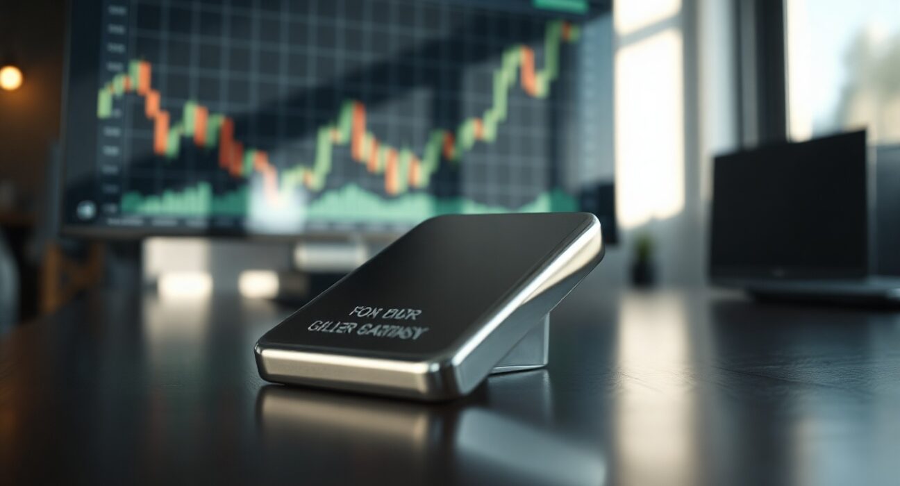 Silver bar on wooden surface with soft natural light and financial charts in background