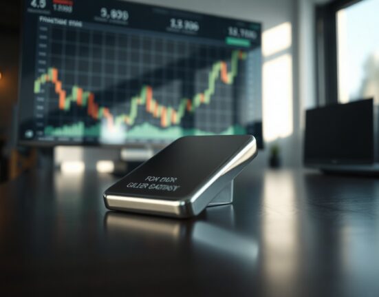 Silver bar on wooden surface with soft natural light and financial charts in background