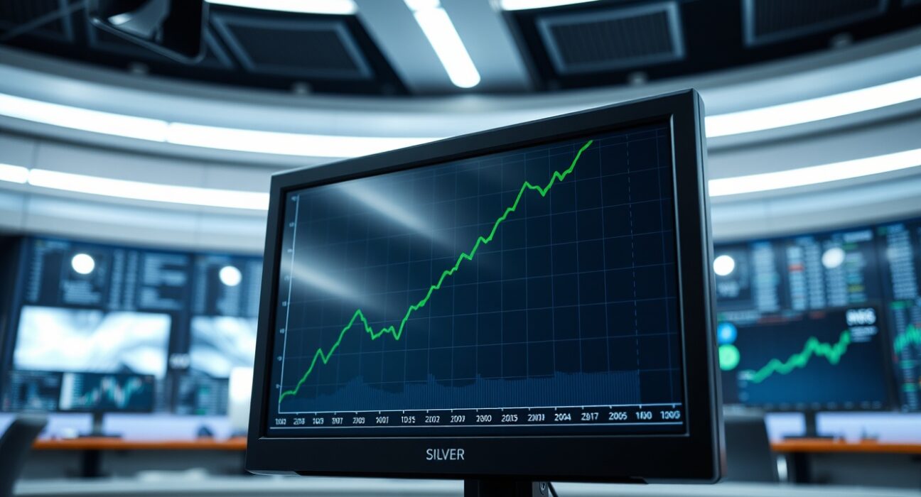 A financial data monitor displaying a rising silver price chart in a newsroom or trading floor setting.