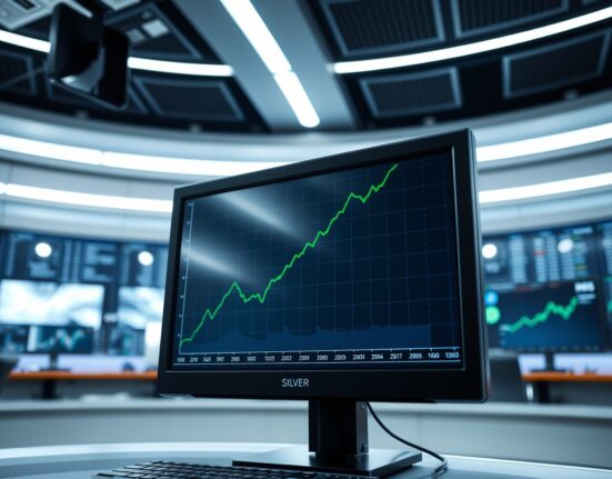A financial data monitor displaying a rising silver price chart in a newsroom or trading floor setting.