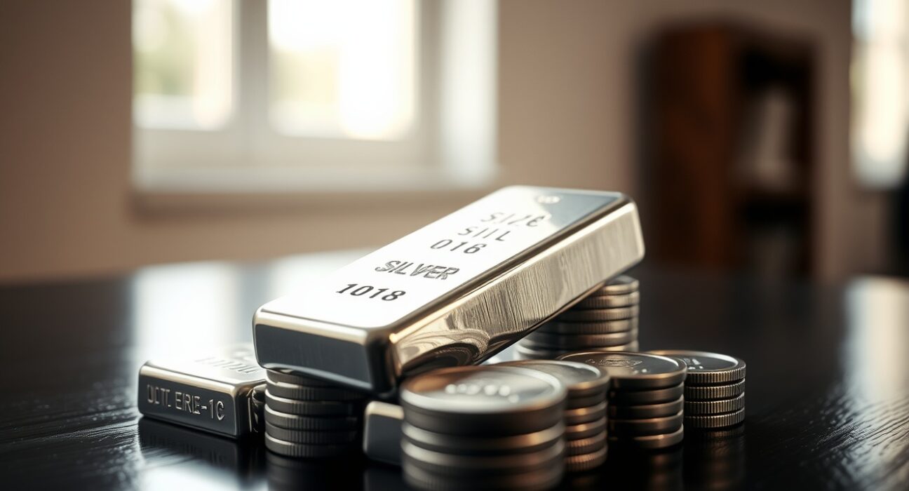 Close-up of a silver bullion bar and coins on a dark reflective surface, representing silver price movements.