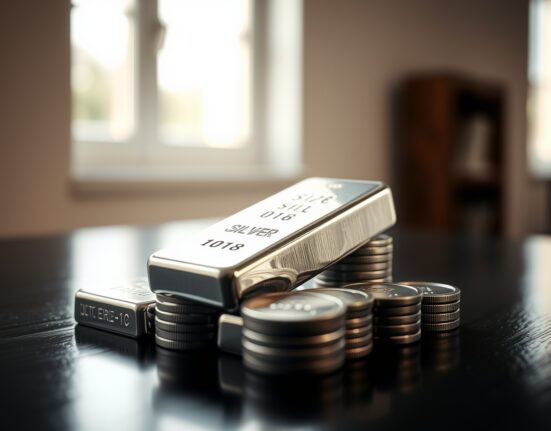 Close-up of a silver bullion bar and coins on a dark reflective surface, representing silver price movements.