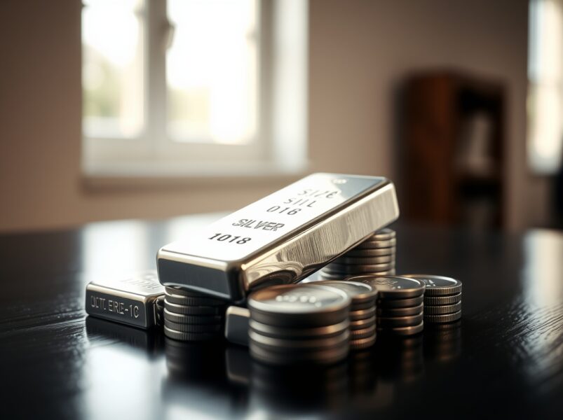 Close-up of a silver bullion bar and coins on a dark reflective surface, representing silver price movements.