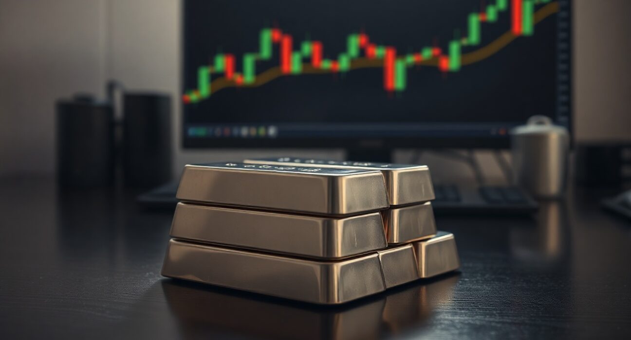 Stacked silver bullion bars on a dark surface with a trading monitor in the background