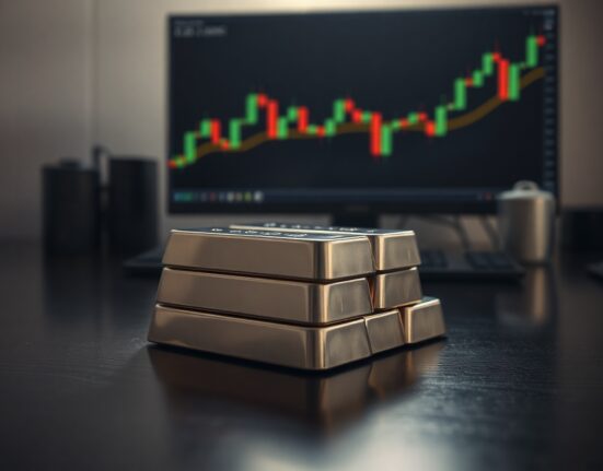 Stacked silver bullion bars on a dark surface with a trading monitor in the background