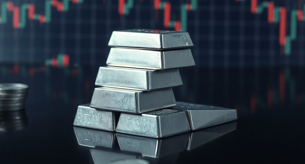 Silver bullion bars on a reflective surface with a blurred financial chart background