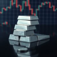 Silver bullion bars on a reflective surface with a blurred financial chart background