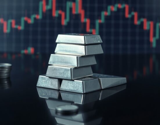 Silver bullion bars on a reflective surface with a blurred financial chart background