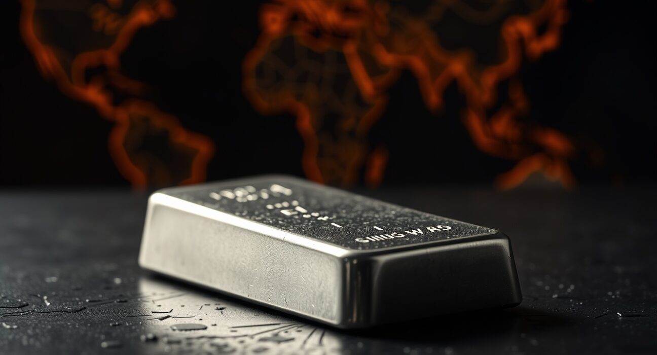 Silver bar on dark surface with map background indicating geopolitical tension