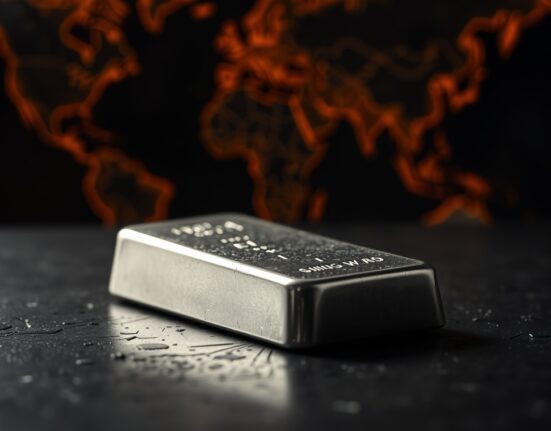 Silver bar on dark surface with map background indicating geopolitical tension