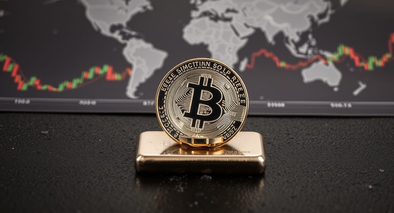 Silver bullion coin and bar on dark surface with financial chart background