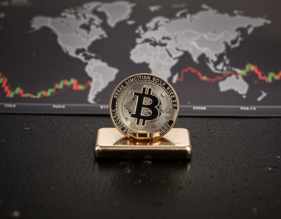 Silver bullion coin and bar on dark surface with financial chart background