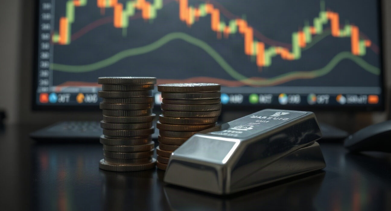 Silver bullion coins and bars on a reflective surface with a chart in the background
