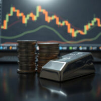 Silver bullion coins and bars on a reflective surface with a chart in the background
