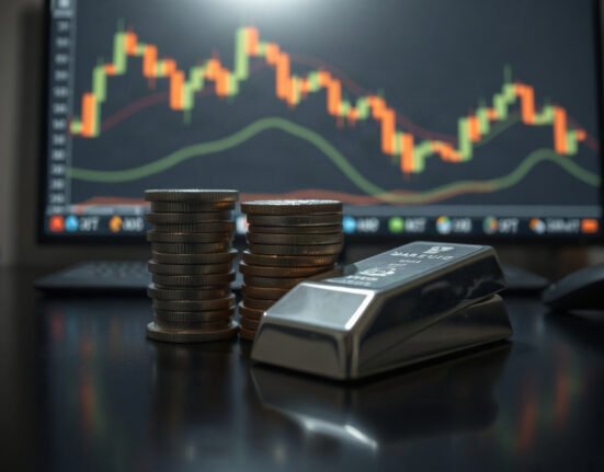 Silver bullion coins and bars on a reflective surface with a chart in the background