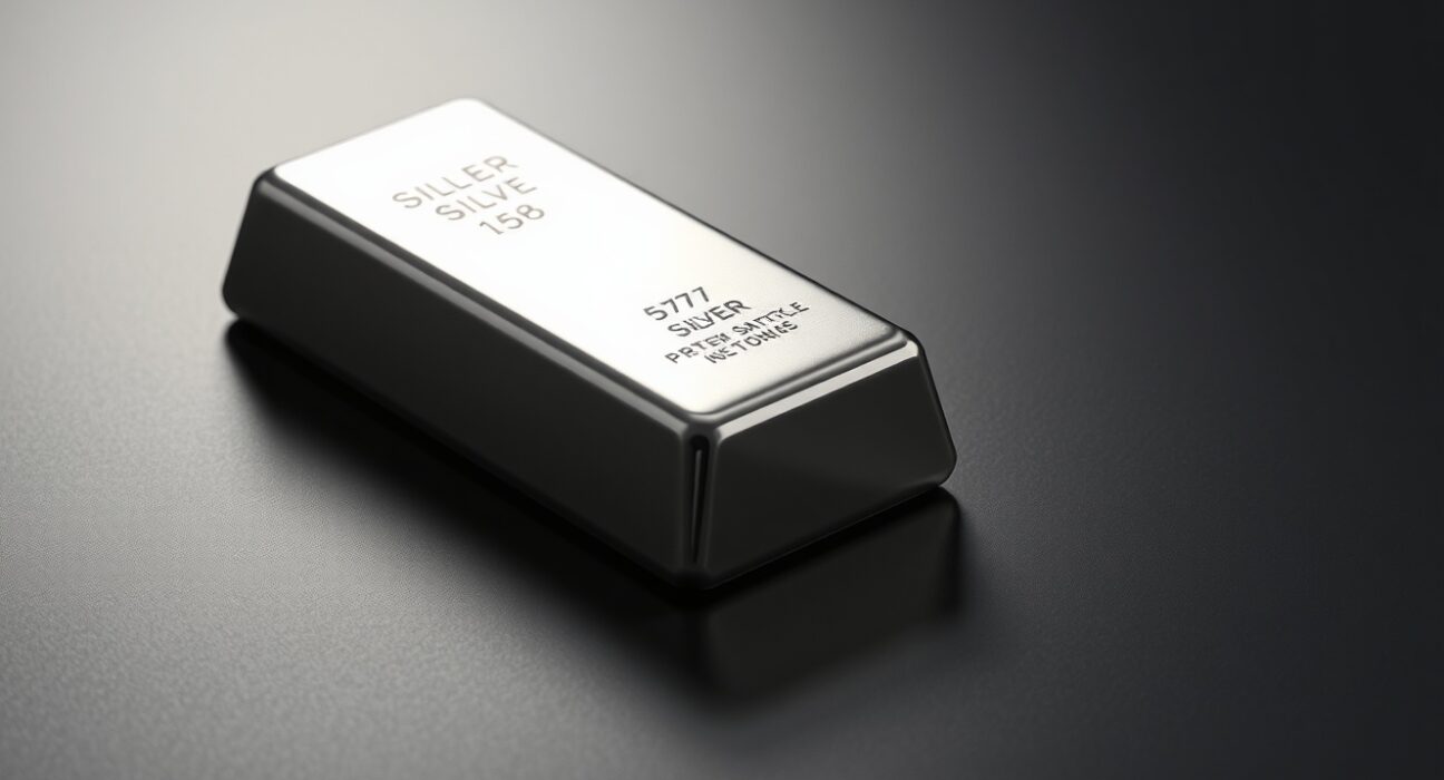 Close-up of a polished silver bar on a dark reflective surface with subtle chart lines in the background