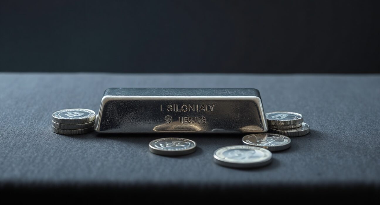 Silver bars and coins reflecting light on a dark surface, representing precious metals market analysis.