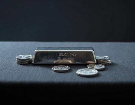 Silver bars and coins reflecting light on a dark surface, representing precious metals market analysis.