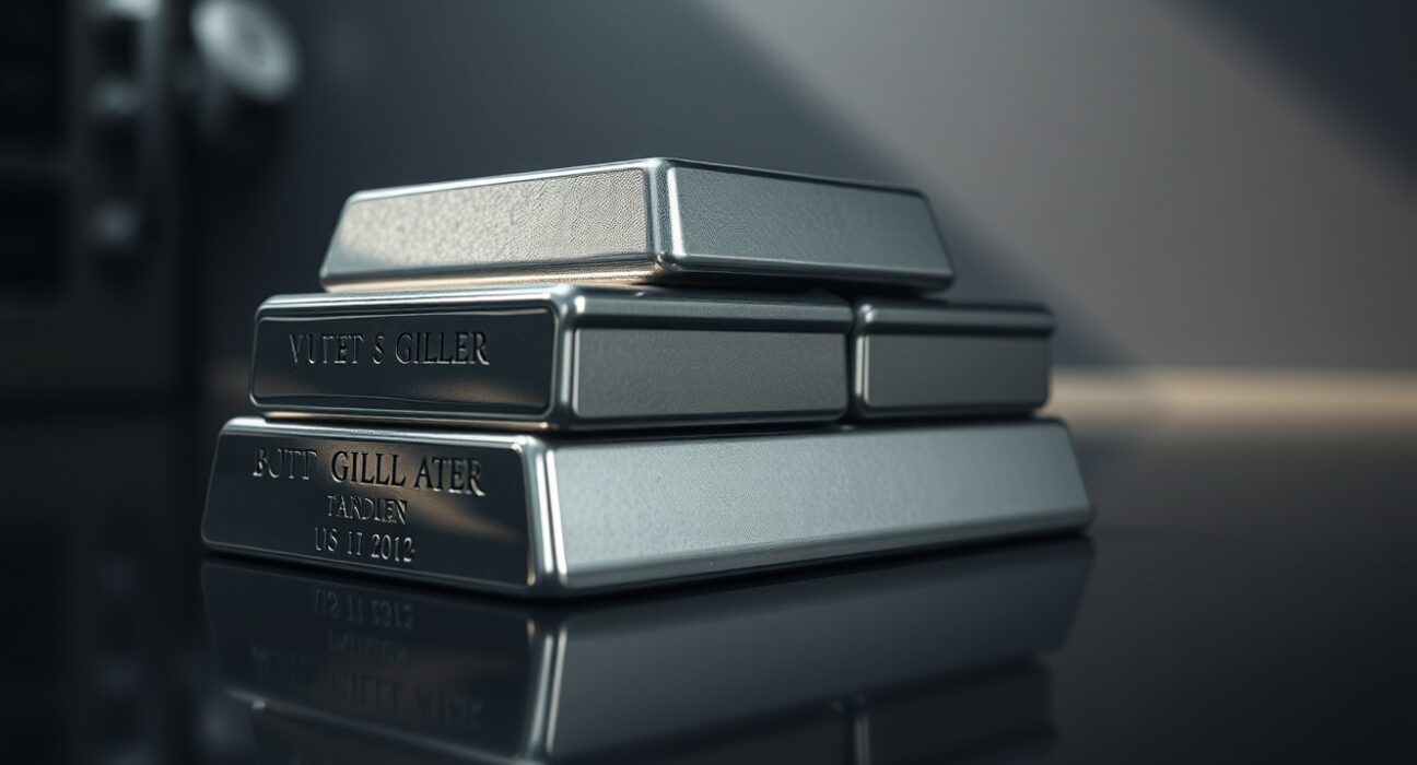 Stacked silver bars on a dark reflective surface with soft lighting, representing precious metals investment.