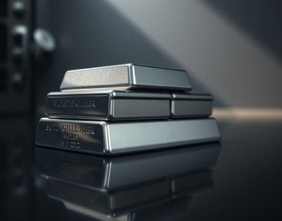 Stacked silver bars on a dark reflective surface with soft lighting, representing precious metals investment.