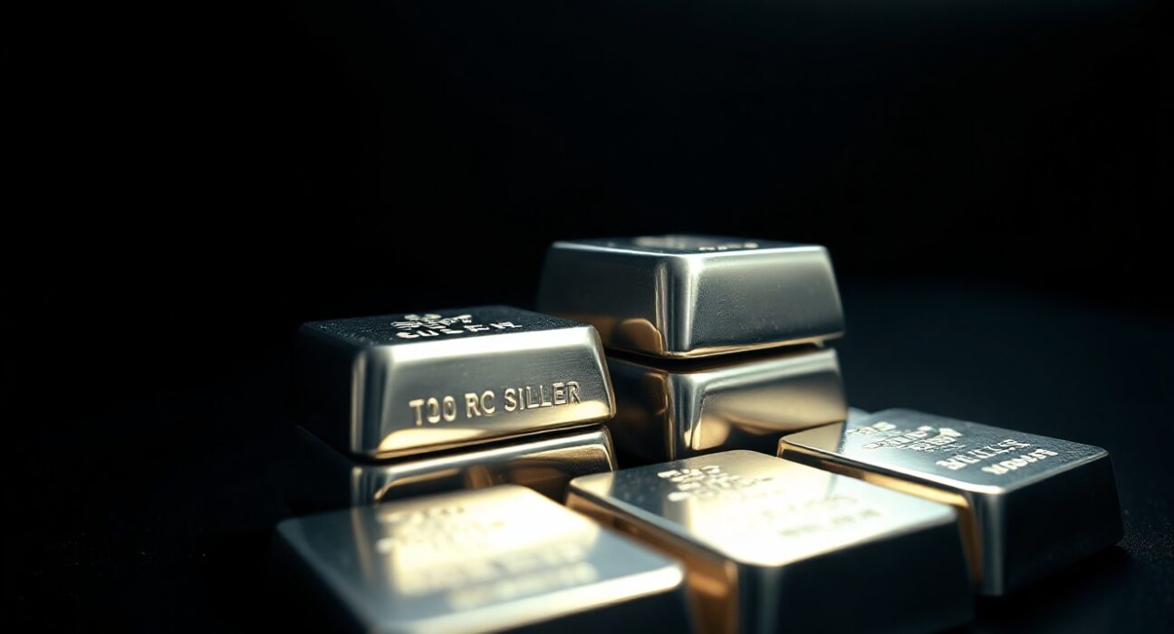 Silver bullion bars stacked on a dark surface in a trading room setting